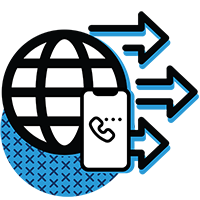 Enterprise Connect 2023 Communications and Collaboration Icon featuring a globe with latitude and longitude lines over a blue circle with arrows pointing to the right