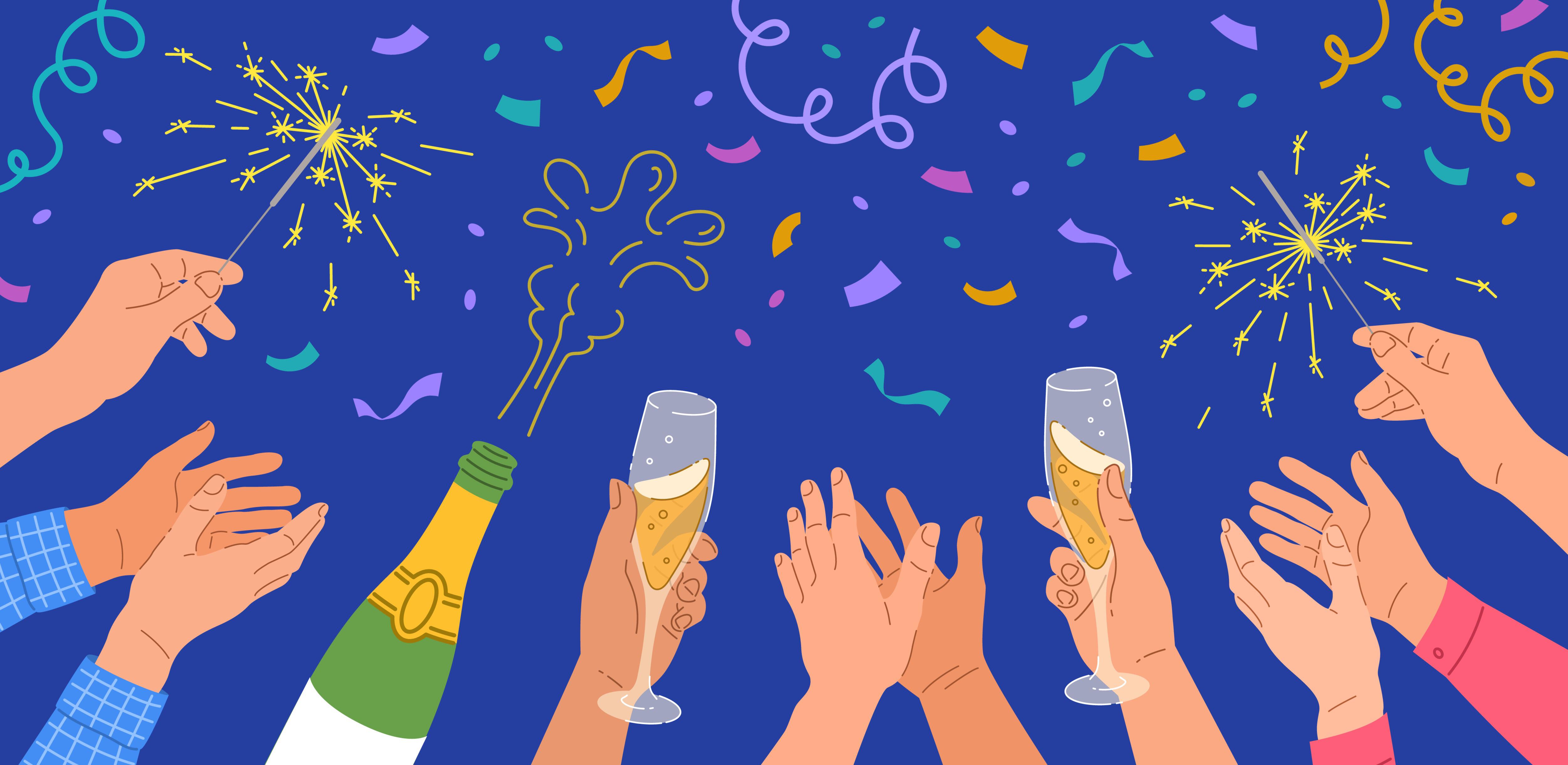 Image of people's hands holding up champagne glasses with confetti